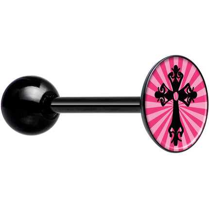 Pink Black Radiant Cross Black Barbell Tongue Ring
