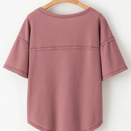 Blue Exposed Seam Drop Sleeve V Neck Waffle Textured Top