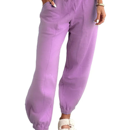 Lilac Tie Elastic Waist Solid Color Patchwork Jogger Pants
