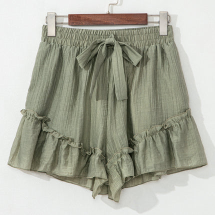 Laurel Green Textured Tie Waist Ruffle Hem Shorts