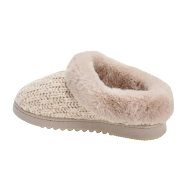 New In Box Dearfoams Women Medium 7/8 Tan Faux Fur Lined Knit Slide On Slippers