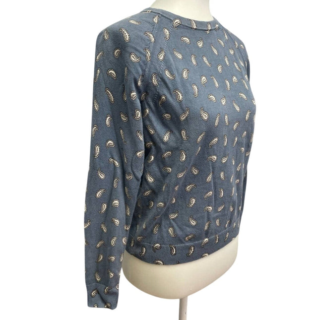 LOFT Womens Small Paisley Blue Long Sleeve Crew Neck 100% Cotton Sweater