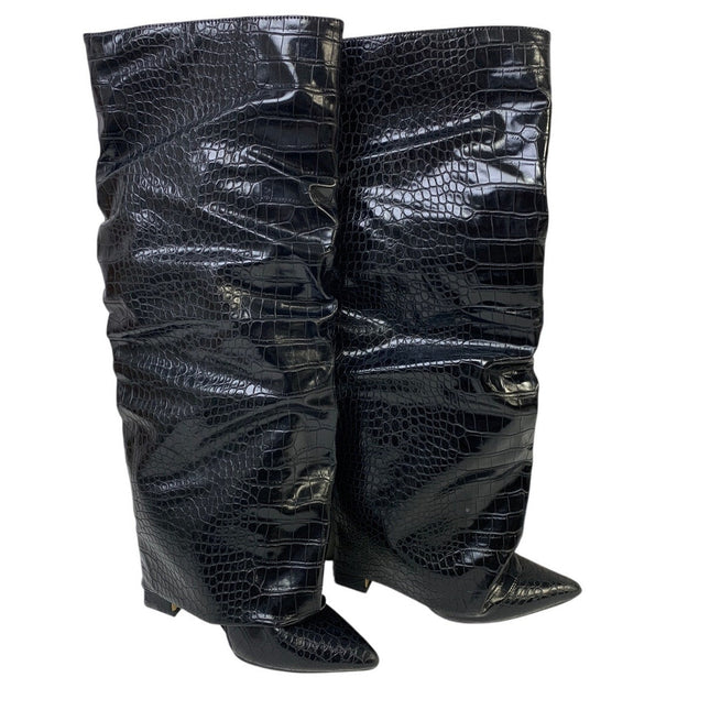 Womens Size 6 Black 4" Heel Knee High Boot Faux Leather Pointed Toe Slouch Shoes