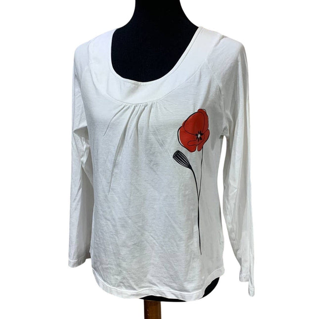 Hand Printed Upcycled Womens Petite Large Red Poppy Flower Pima Cotton T-Shirt