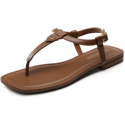 Dream Pairs Womens Size 8.5 Brown T Strap Sandal Flip Flop Square Toe Shoes