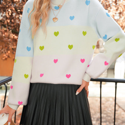 Multicolor Heart Pattern Colorblock High Neck Sweater