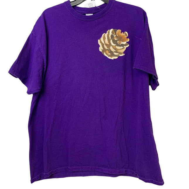 Upcycled Hand Printed Mens XL Purple Pine Cone Cotton Crew Neck Tee Shirt
