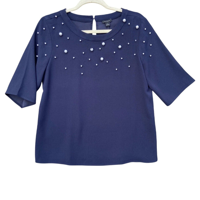 NWT New Ann Taylor Womens Small Navy Blue Faux Pearl Accent Short Sleeve Blouse