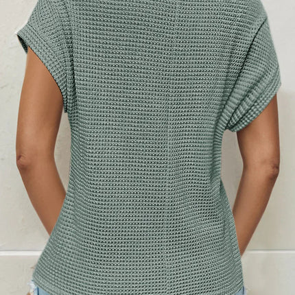 Mist Green Hollow Patchwork Waffle Knit Top