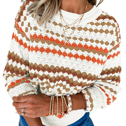 Brown Striped Eyelet Pattern Drop Shoulder Sweater - Femstylo