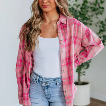 Sachet Pink Plaid Rounded Hem Long Sleeve Shirt
