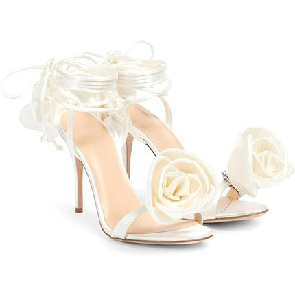 New Iadore Womens Size 10 White Wedding Satin Rose Open Toe 4.5" High Heel Shoes