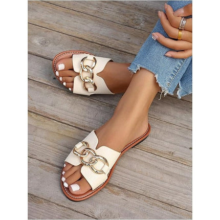 Verdusa Womens Size 9 Beige Slip On Slides Flat Sandal Chain Faux Leather Shoes