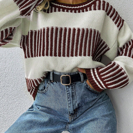 Brown Two Tone Striped Patchwork Drop Shoulder Sweater