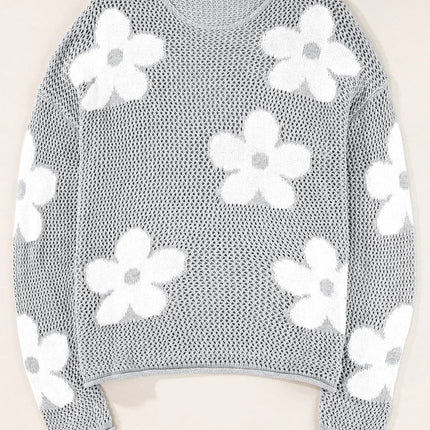 60s Flower Drop Shoulder Hollow Knit Top Light Grey -Femstylo