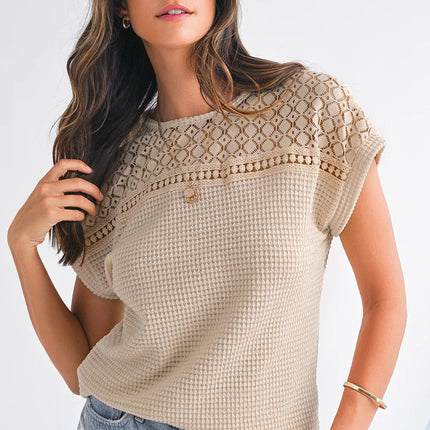 Mist Green Hollow Patchwork Waffle Knit Top