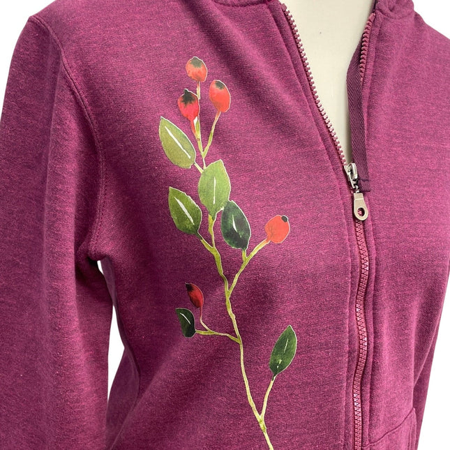 Hand Printed Upcycled Womens Medium Cottage Core Berry Full Zip Hoodie Jacket