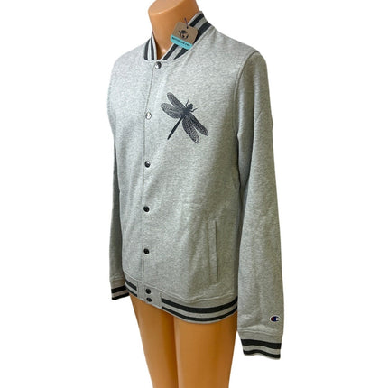 New Champion Unisex Small Gray Snap Up Hand Printed Dragonfly Bomber Jacket