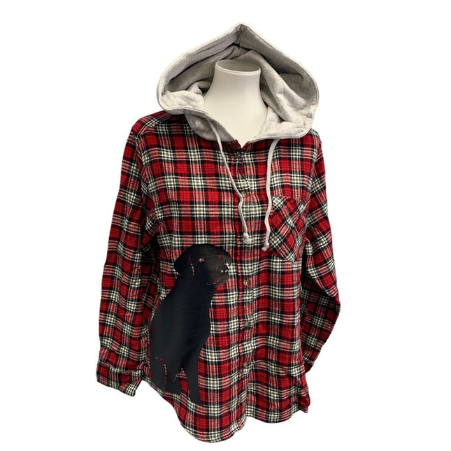 New Hand Printed Womens XXL Black Lab Dog Long Sleeve Plaid Flannel Hoodie
