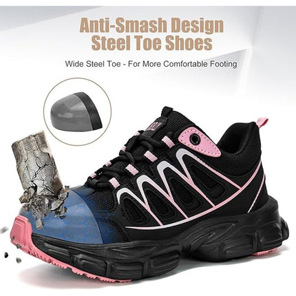 Umburlly Womens 5.5 Black Pink Steel Toe Lace Up Non Slip Composite Work Shoes