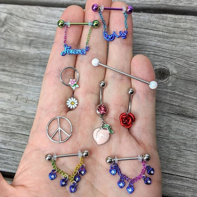 14G 11/16 Clear Gem Rainbow Padlock Heart Dangle Nipple Ring Set