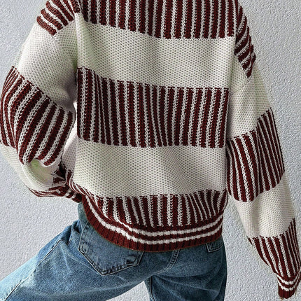 Brown Two Tone Striped Patchwork Drop Shoulder Sweater