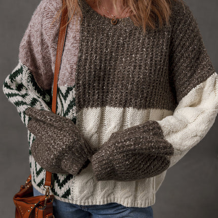 Brown Colorblock Patchwork Knotted Back Loose Fit Sweater