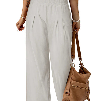 White Smocked Wide Waistband High Waist Wide Leg Pants