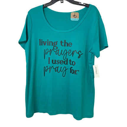 New Hand Printed Women Plus Size 1X Blue Living The Prayers Scoop Neck Tee Shirt