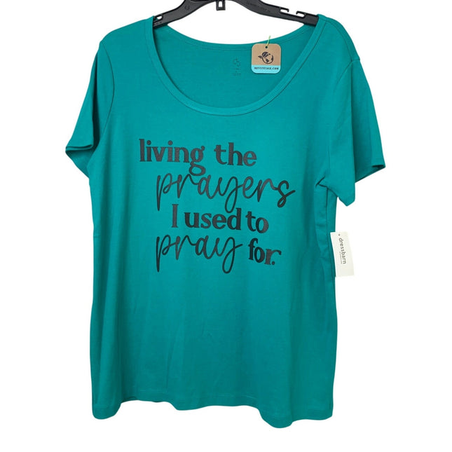 New Hand Printed Women Plus Size 1X Blue Living The Prayers Scoop Neck Tee Shirt