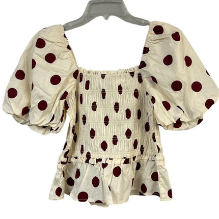 New Francescas Womens Medium Cream Burgundy Polka Dot Stretch Cotton Smocked Top