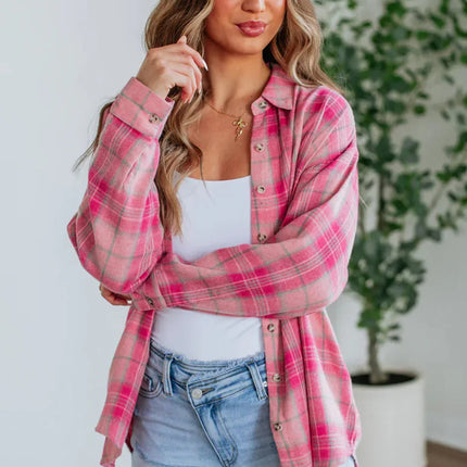 Sachet Pink Plaid Rounded Hem Long Sleeve Shirt