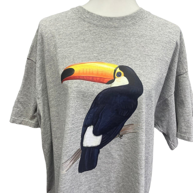 Upcycled Hand Printed Mens 2XL Tropical Toucan Bird PolyCotton Short Sleeve Tee