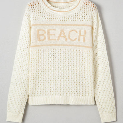 White BEACH Hollow Out Knitted Lightweight Dolman Sweater