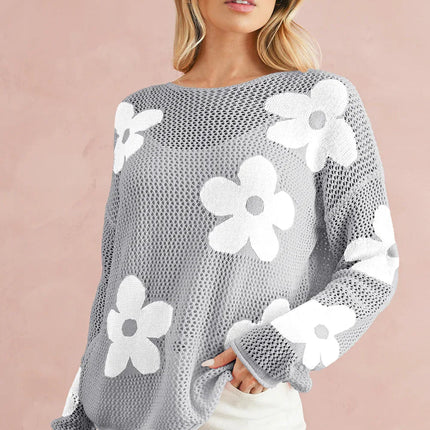 60s Flower Drop Shoulder Hollow Knit Top Light Grey -Femstylo