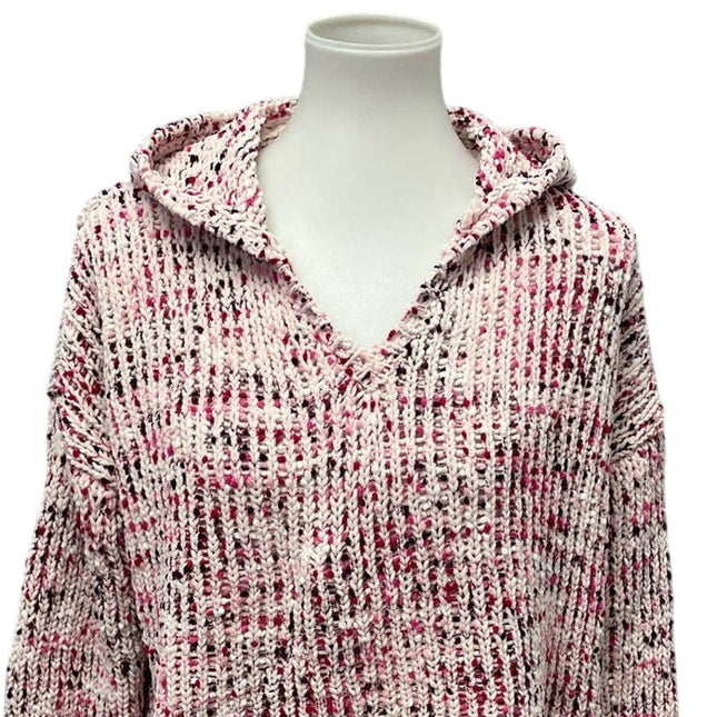 Cupio Womens Large Long Sleeve Acrylic Blend Hooded Pullover Pink White Sweater