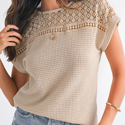 Mist Green Hollow Patchwork Waffle Knit Top