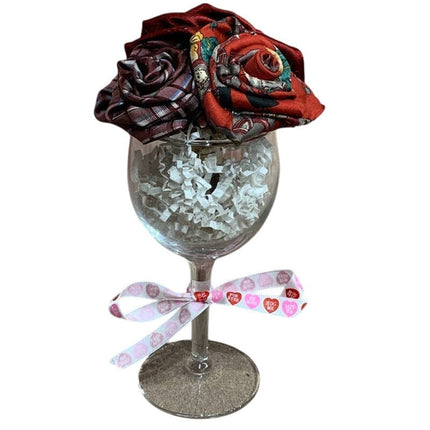 Handmade Upcycled Necktie Red Pink Valentines  Day Gift Bouquet Wine Glass Vase
