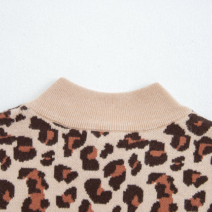 Khaki Leopard Print High Neck Shift Mini Sweater Dress - Femstylo