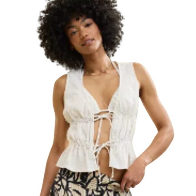 New Aerie Womens Small 100% Cotton Open Tie Front Gauzy Sleeveless Tank Top