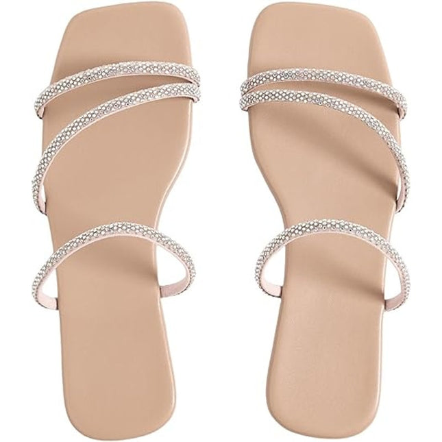 Gorglitter Womens 7.5 Tan Pink Rhinestone Open Toe Slide On Flat Sandal Shoes