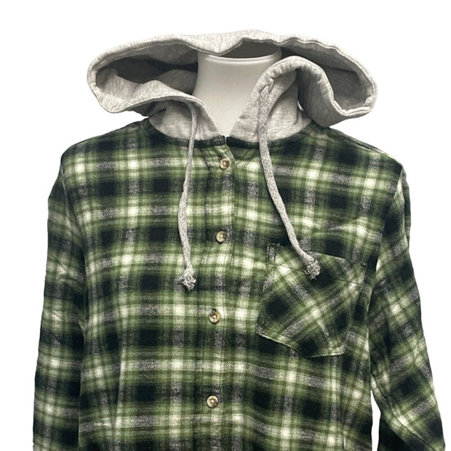 New Time and Tru Womens Large Long Sleeve Plaid Flannel Cotton Blend Hoodie