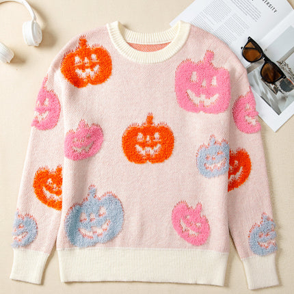 Beige Halloween Cute Pumpkin Pattern Sweater