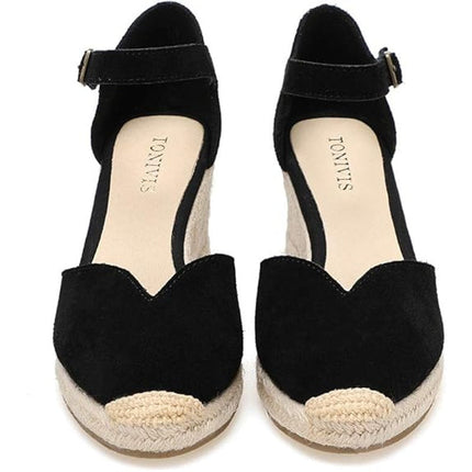 New Tonivis Women Size 7.5 Black Faux Suede Wedge Espadrille Ankle Strap Sandals