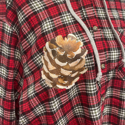 New Hand Printed Womens Small Rustic Pine Cone Long Sleeve Plaid Flannel Hoodie