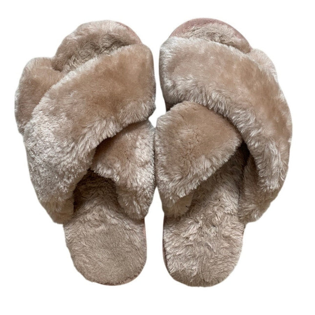 Crazy Lady Womens Size 7/8 Pale Pink Fuzzy Plush Memory Foam Cross Band Slippers
