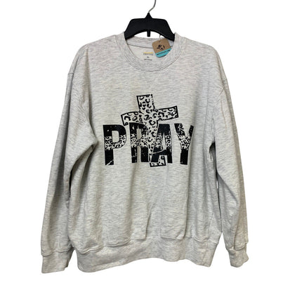 Hand Printed Upcycled Mens Large Gray Pray Crucifix Long Sleeve Sweatshirt