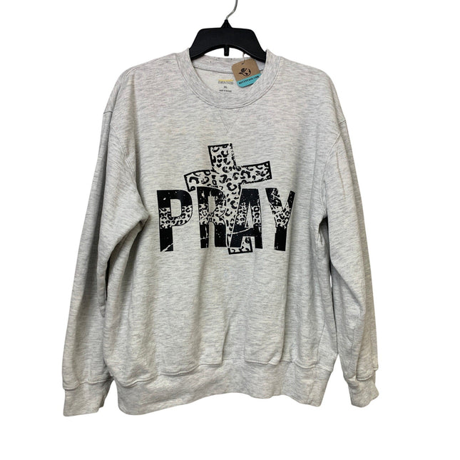 Hand Printed Upcycled Mens Large Gray Pray Crucifix Long Sleeve Sweatshirt