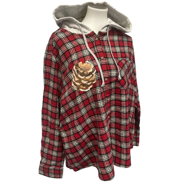 New Hand Printed Womens Small Rustic Pine Cone Long Sleeve Plaid Flannel Hoodie