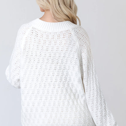 White Plain Knit Ribbed Edge V Neck Loose Sweater - Femstylo